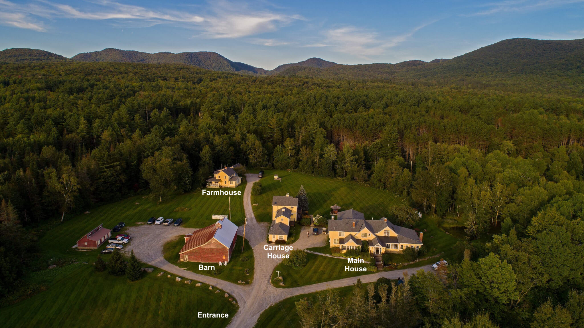 Red Clover Estate — Aerial Overview showing Main House, Carriage House, and Farmhouse